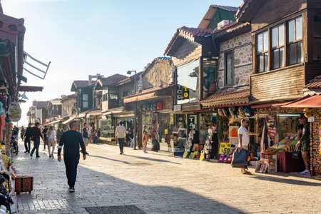 Manavgat, Turkey - November 13, 2021: coastal street with stores and shops with goods for tourists...