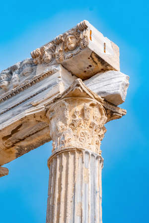 fragment of the entablature of the ruined temple of Apollo from Side with a stone-cut relief on the friezeの写真素材