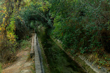 irrigation canal among vegetation in mountainous areaの写真素材