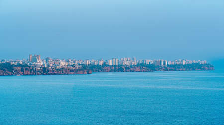 view from the sea on the coast of Antalya in the aerial hazeの写真素材