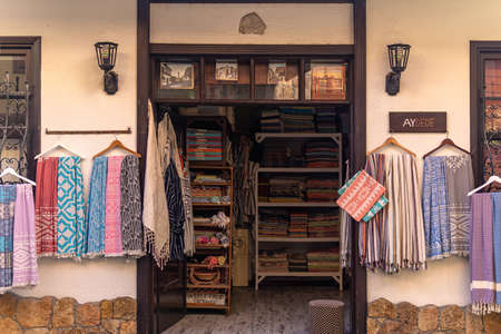 Antalya, Turkey - November 15, 2021: vintage textile shop in the historical centerのeditorial素材