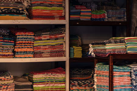 interior and assortment of vintage textile shopの写真素材