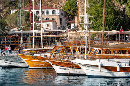 Antalya, Turkey - November 17, 2021: recreational ships in vintage style in the ancient harbor in...