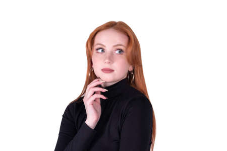 portrait of pensive young woman isolated on white background