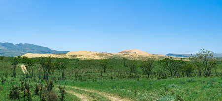 road in semi-desert steppe landscape in the vicinity of the Sarykum sand duneの写真素材