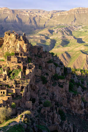 Gamsutl, Russia - May 15, 2022: aerial view of the abandoned village on top of a mountain in Dagestan, which has become a tourist attractionのeditorial素材