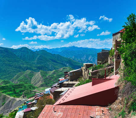 houses on a rocky slope in the mountain village of Chokh in Dagestan