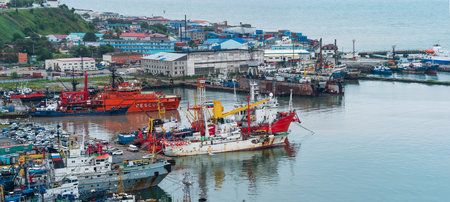 Korsakov, Russia - August 04, 2022: Aerial view of a cargo port on Sakhalin