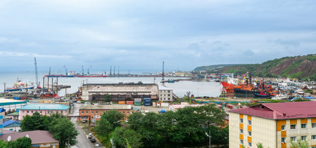 Korsakov, Russia - August 04, 2022: Aerial view of a cargo port on Sakhalinのeditorial素材