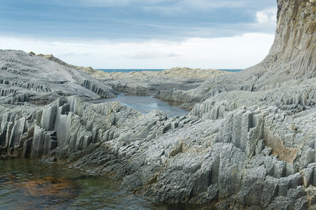 coastal cliffs formed by columnar basalt at low tide