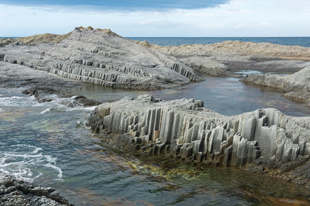 coastal cliffs formed by columnar basalt at low tide