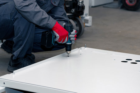 assembly of a metal structure in the workshop using a screwdriver