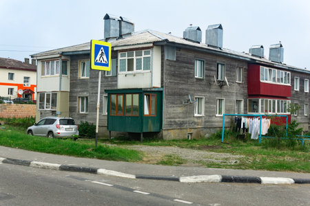 Yuzhno-Kurilsk, Russia - August 01, 2022: cityscape of the village of Yuzhno-Kurilsk on the island of Kunashirのeditorial素材