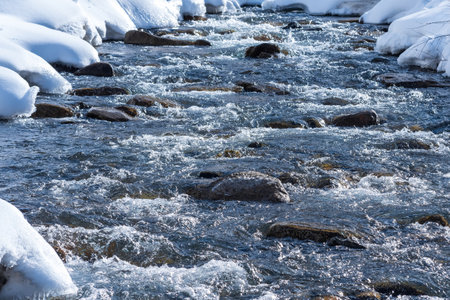spring stream in a mountain river among the snowy banks, landscape, background
