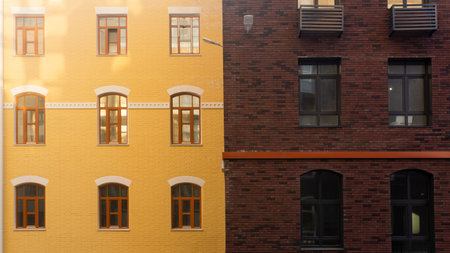 cityscape, urban background, group of facades of modern and vintage buildingsの写真素材