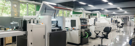 production line for printed circuit board manufacturing mounted in workshopの写真素材