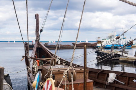 fragment of the rigging of a wooden old sailing ship close-up