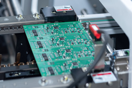 Perm, Russia - June 29, 2023: printed circuit board production on the conveyor of automatic...