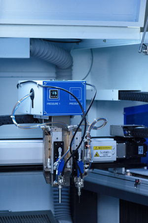 Perm, Russia - June 29, 2023: working area of the coating machine for printed circuit board