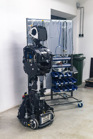 Perm, Russia - July 13, 2023: half-assembled humanoid robot in the process of assembly and...