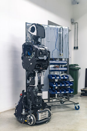 Perm, Russia - July 13, 2023: half-assembled humanoid robot in the process of assembly and adjustment in the workshopのeditorial素材