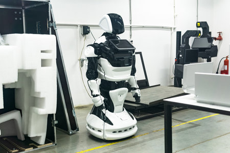 Perm, Russia - July 13, 2023: newly assembled humanoid robot in a workshop is being charged before packagingのeditorial素材