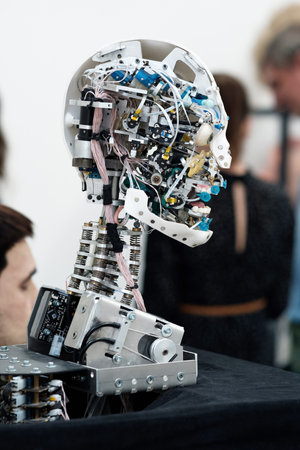 Perm, Russia - July 13, 2023: head of anthropomorphic robot capable of imitating emotions, without an outer shell skin, against the background of various interchangeable face skinsのeditorial素材