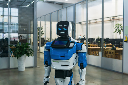 Perm, Russia - July 13, 2023: humanoid robot with a sly smile in the interior of a modern office