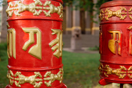Saint Petersburg, Russia - August 01, 2023: prayer wheels at the Datsan Gunzechoinei Buddhist templeのeditorial素材