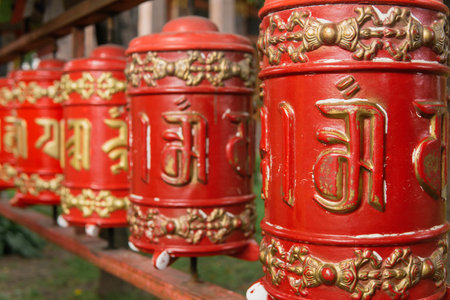 Saint Petersburg, Russia - August 01, 2023: prayer wheels at the Datsan Gunzechoinei Buddhist templeのeditorial素材