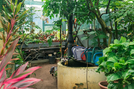 interior of a large greenhouse with a collection of tropical plants ang garden equipmentの写真素材
