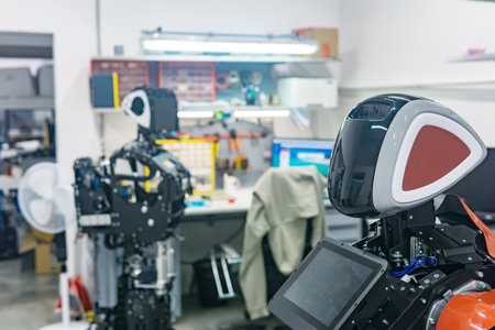 Perm, Russia - July 13, 2023: humanoid robots in the process of assembly and adjustment in the...