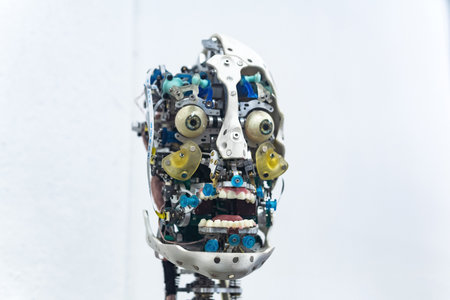 Perm, Russia - July 13, 2023: head of anthropomorphic robot capable of simulating emotions, without an outer shell skin, on a white backgroundのeditorial素材