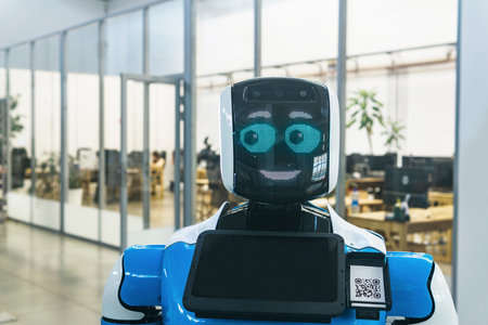 Perm, Russia - July 13, 2023: humanoid robot with a friendly face in the interior of a modern officeのeditorial素材