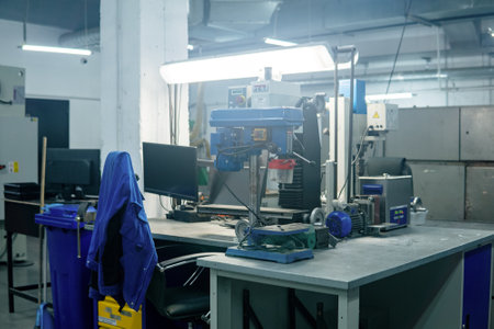 Perm, Russia - July 13, 2023: industrial workshop with machines in blue colors