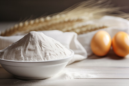pile of flour in a plate on the table, in the background there are eggs and ears of bread in a blurの素材