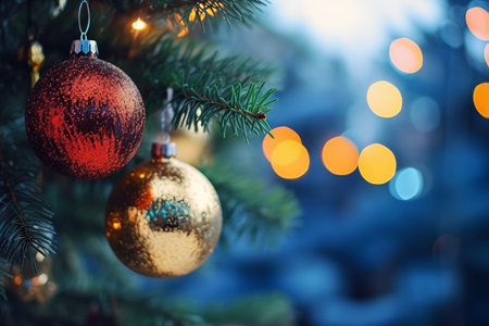 blurred festive background with xmax balls among decorated green branches of the Christmas treeの素材
