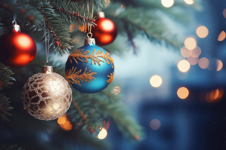 blurred festive background with New Year`s balls among decorated green branches of the Christmas treeの素材