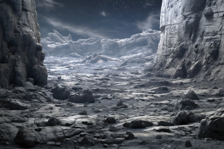 fantastic space landscape of an outer planet, lifeless rocky or icy terrain under the starry sky and distant small sunの素材