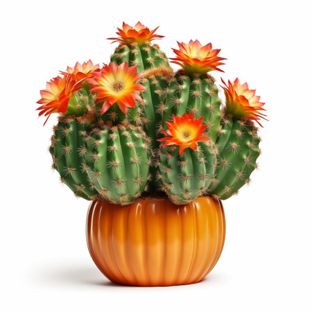 group of blooming cacti in a pot on a white backgroundの素材