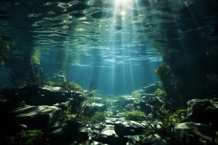 underwater landscape with rays shining through the waterの素材