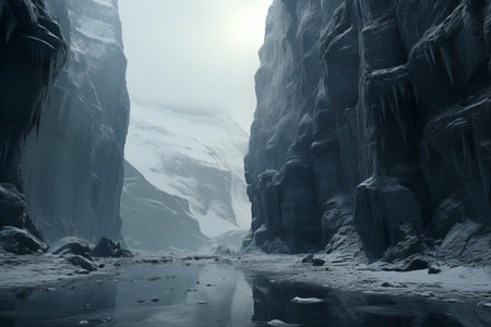 harsh winter landscape, icy canyon with frozen riverの素材