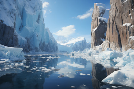 arctic landscape with water, icebergs and icy rocky shoresの素材