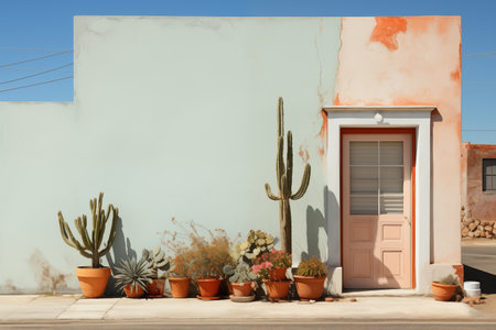 cactuses and cacti in pots in front of a blue wall outdoorの素材