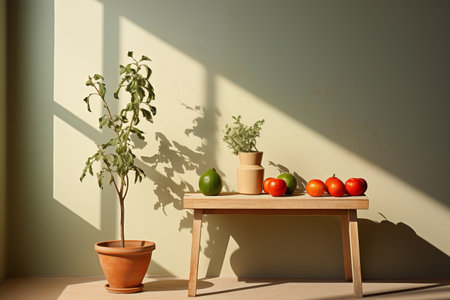 fruits on a table and tree in a pot in a room with green walls, minimalistic interior backgroundの素材