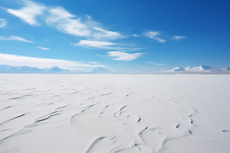 antarctic desert landscape, cold snow plain under blue skyの素材