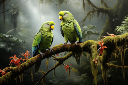 parrots in the rainforest, realistic painting in vintage styleの素材