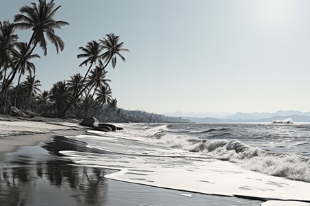 coastal landscape, tropical beach with palm trees and volcanic black sand on a cloudy windy dayの素材