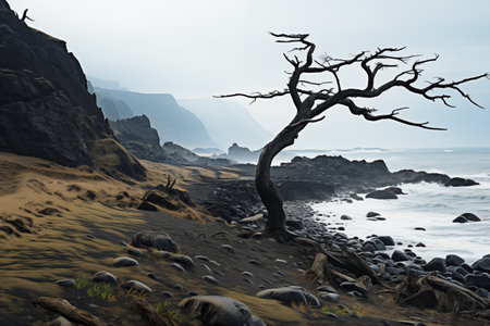 landscape of foggy cold deserted coastの素材