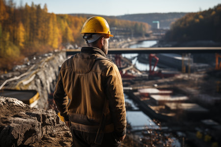 man in work clothes looks at the construction of an industrial facility in a river valleyの素材